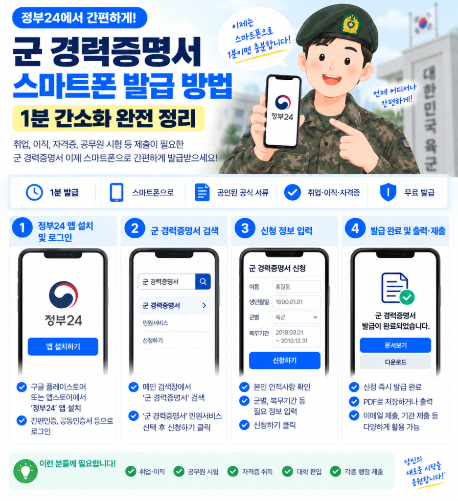 군 경력증명서 스마트폰 발급 장병e음 국방증명서발급시스템 안내